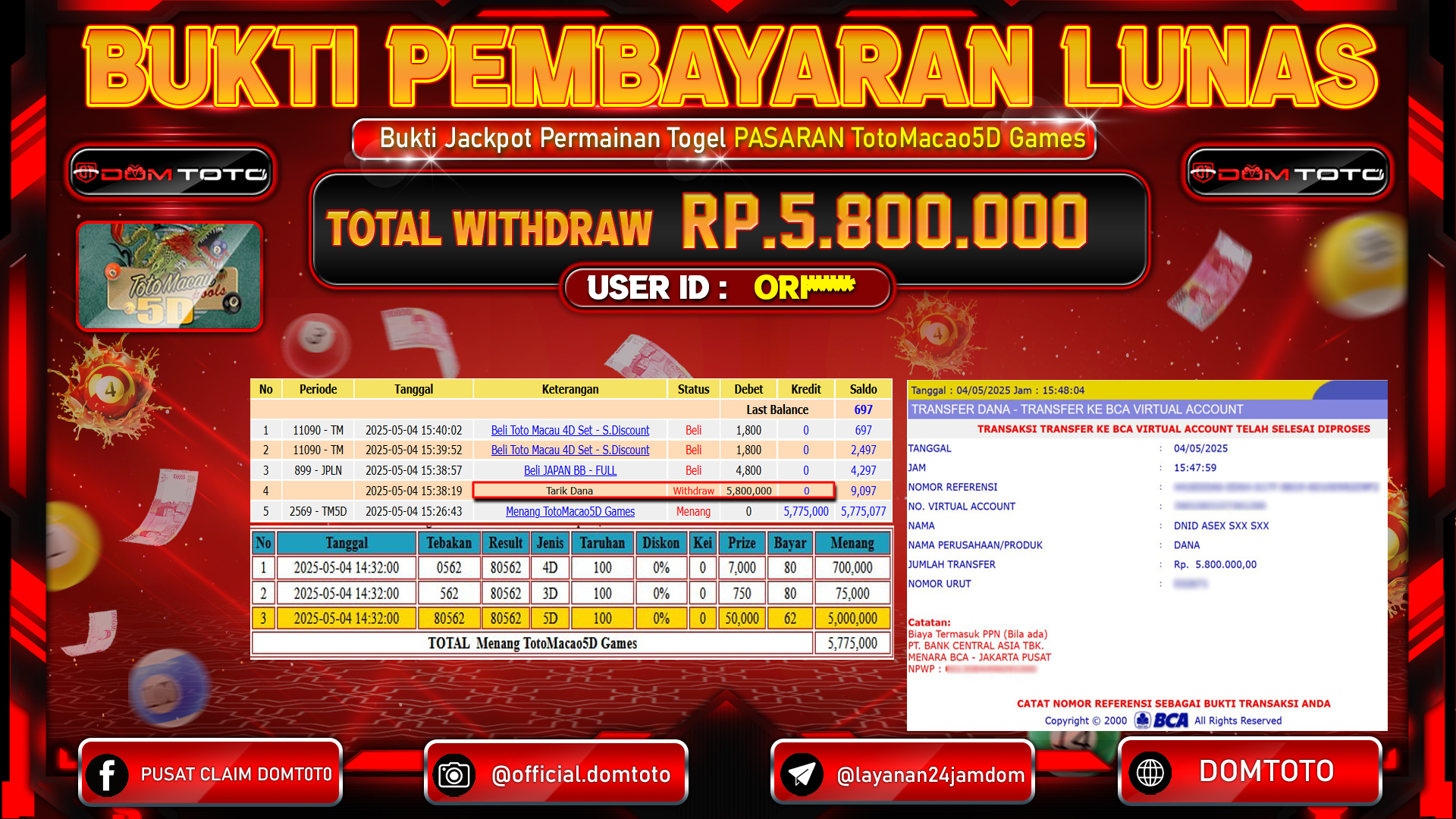 JACKPOT TOGEL PASARAN TOTOMACAU 5D  04  MEI 2025